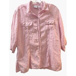 Chicos Snap Front Shirt Womens Size Large (2) Pink White Striped 100% Linen